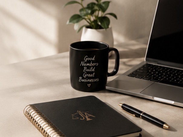 Professional bookkeeping workspace with laptop and notebook