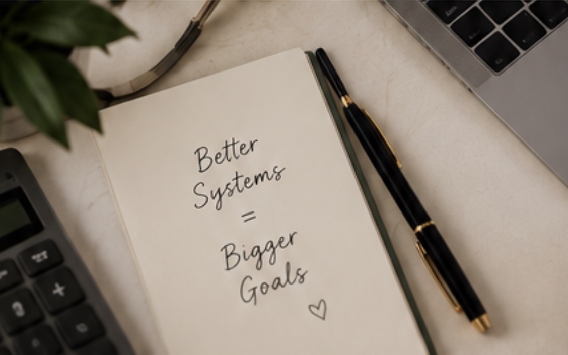 Professional bookkeeping workspace with notebook, pens and laptop